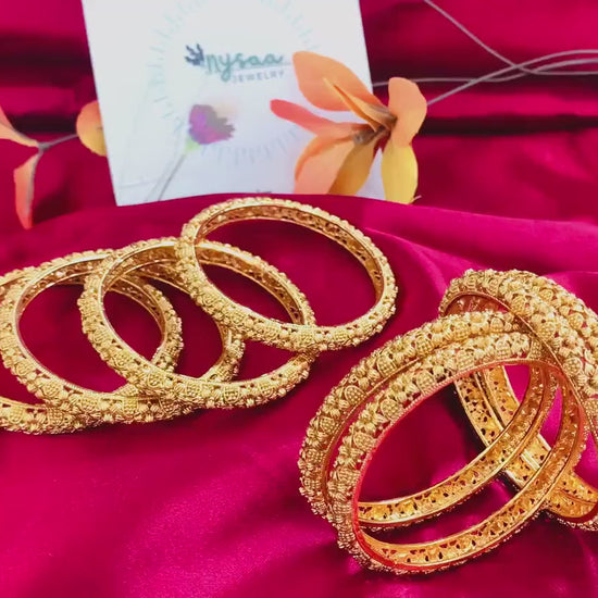 Gold Plated Indian Bangles: Flower Motif, Set of 4