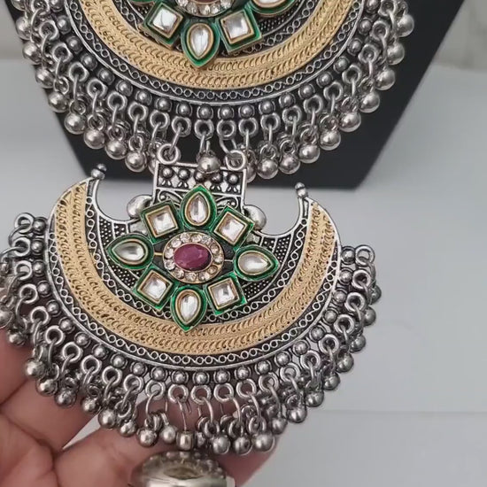 Dual tone Oxidised big pendent fancy long necklace with earrings