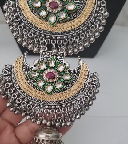Dual tone Oxidised big pendent fancy long necklace with earrings