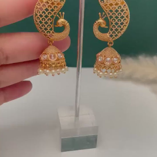 Gold Plated peacock Jhumkis Earrings: Indian Ethnic Style