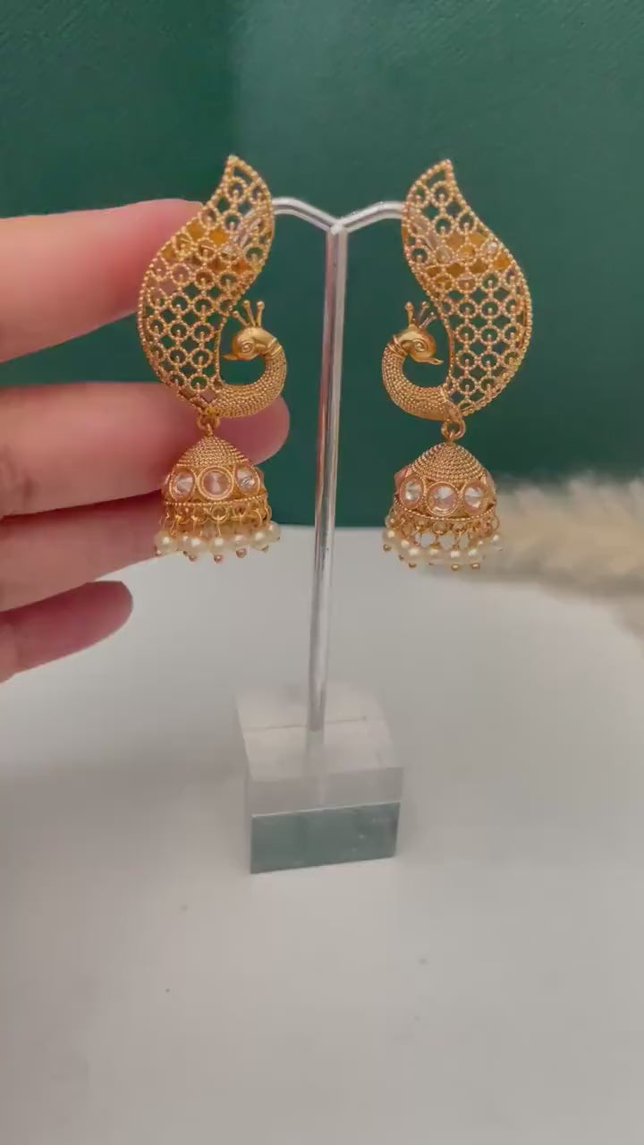 Gold Plated peacock Jhumkis Earrings: Indian Ethnic Style