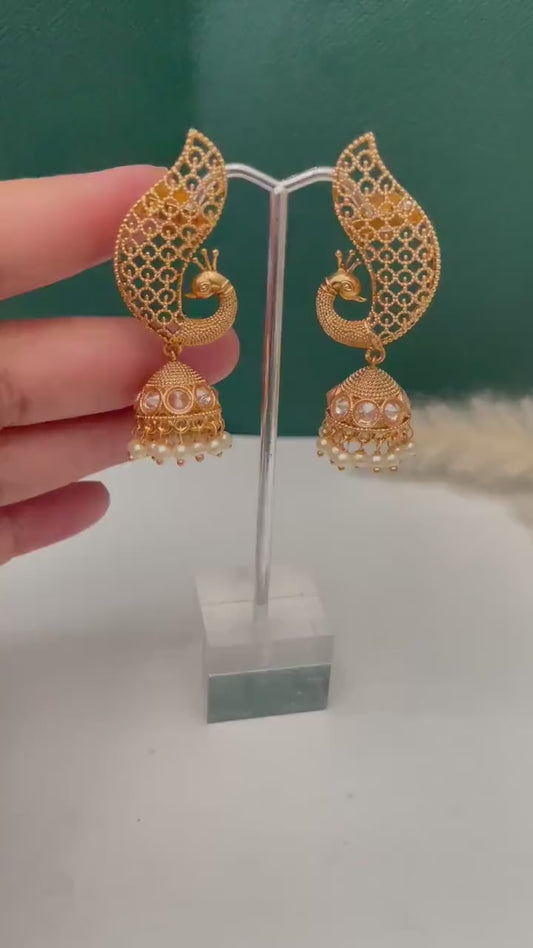Gold Plated peacock Jhumkis Earrings: Indian Ethnic Style