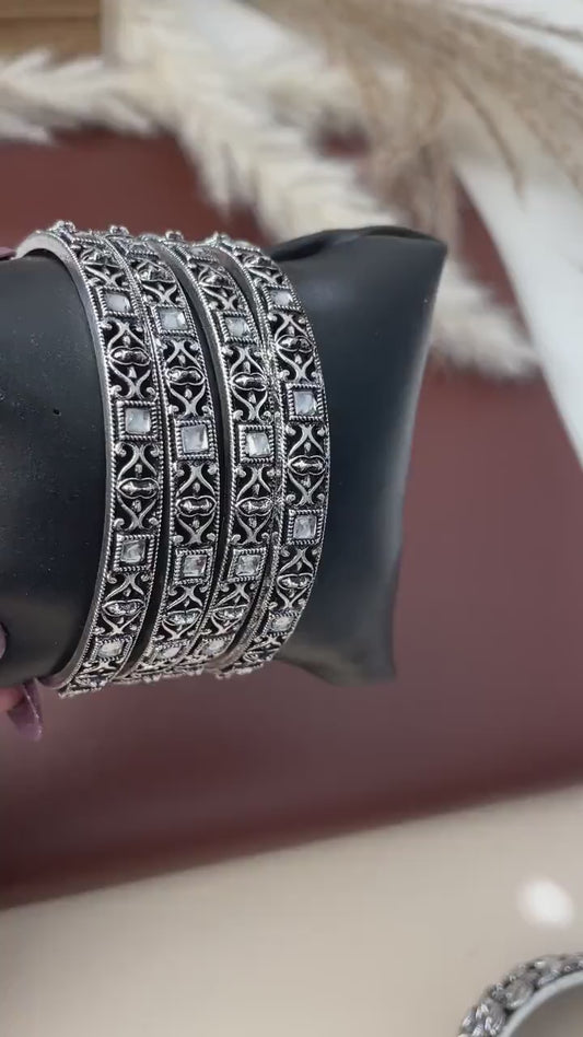 Oxidized Indian Bangle Set with Rhinestone Detail (Set of 4)