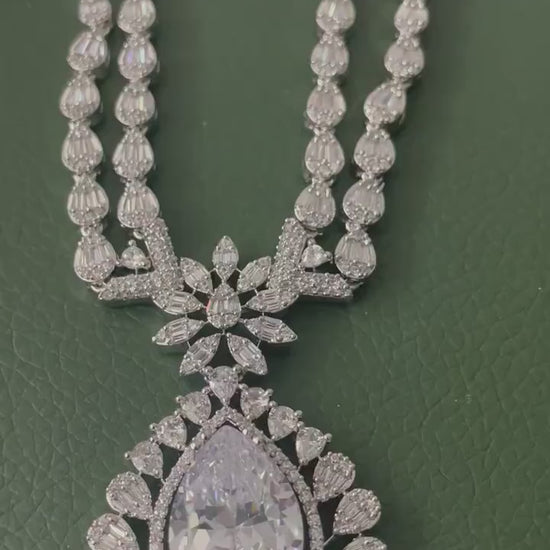 Cubic Zirconia Bridal Necklace Set: Rhodium Plated, Elegant Jewelry