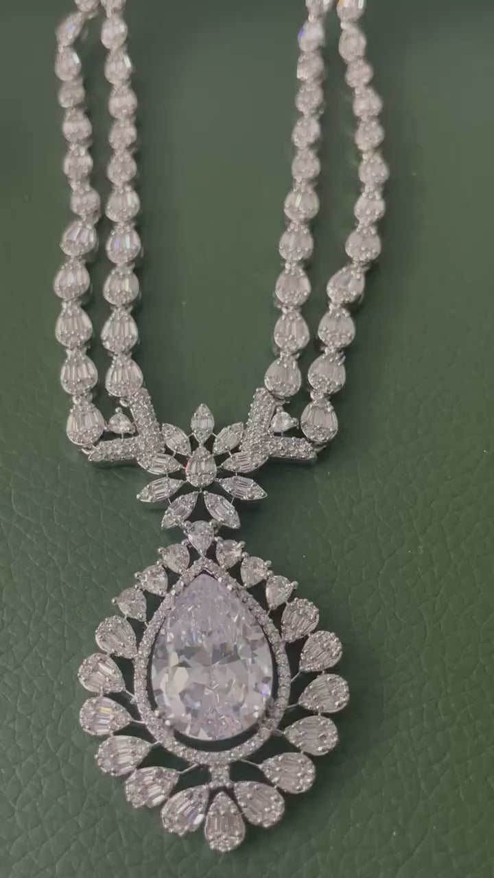 Cubic Zirconia Bridal Necklace Set: Rhodium Plated, Elegant Jewelry