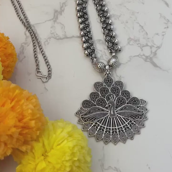 Oxidized Silver Long Necklace: Indian Navratri Jewelry