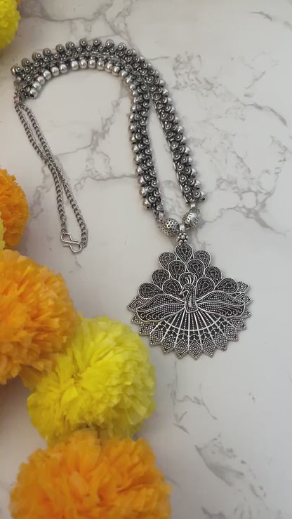 Oxidized Silver Long Necklace: Indian Navratri Jewelry
