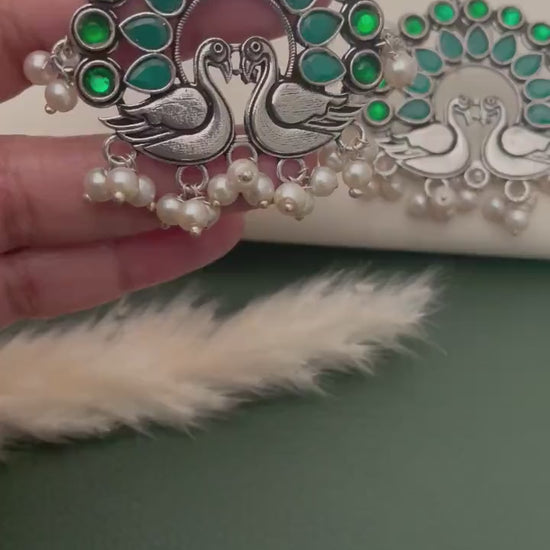Emerald Peacock Earrings: Oxidized Silver, Lightweight Temple Jewelry
