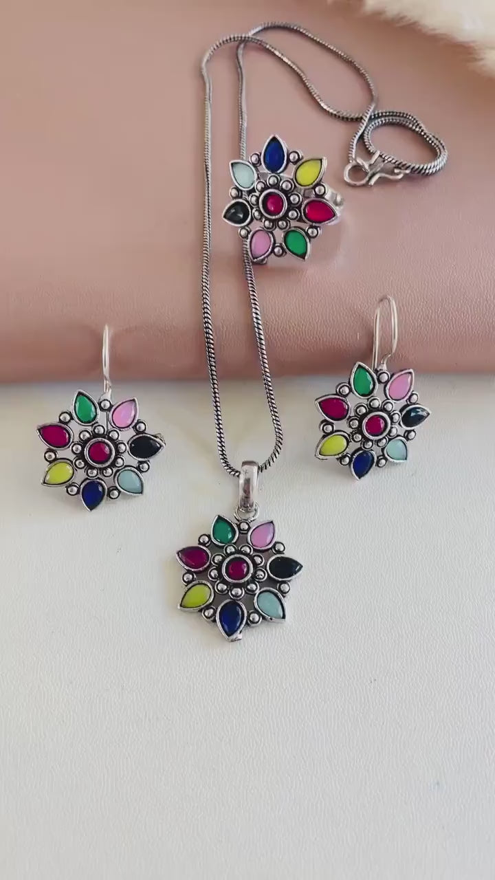 Oxidized Indian Jewelry Set: Multicolor Necklace, Earrings & Ring